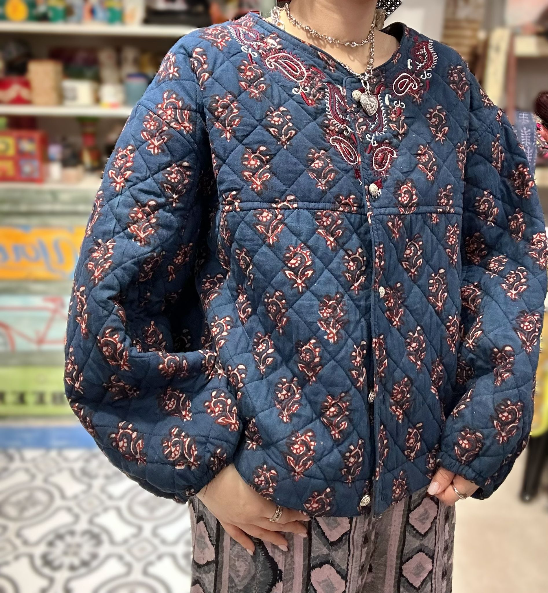 Macrame 低調懷舊花blockprint薄棉襖外套 - M3827Q (藍色)