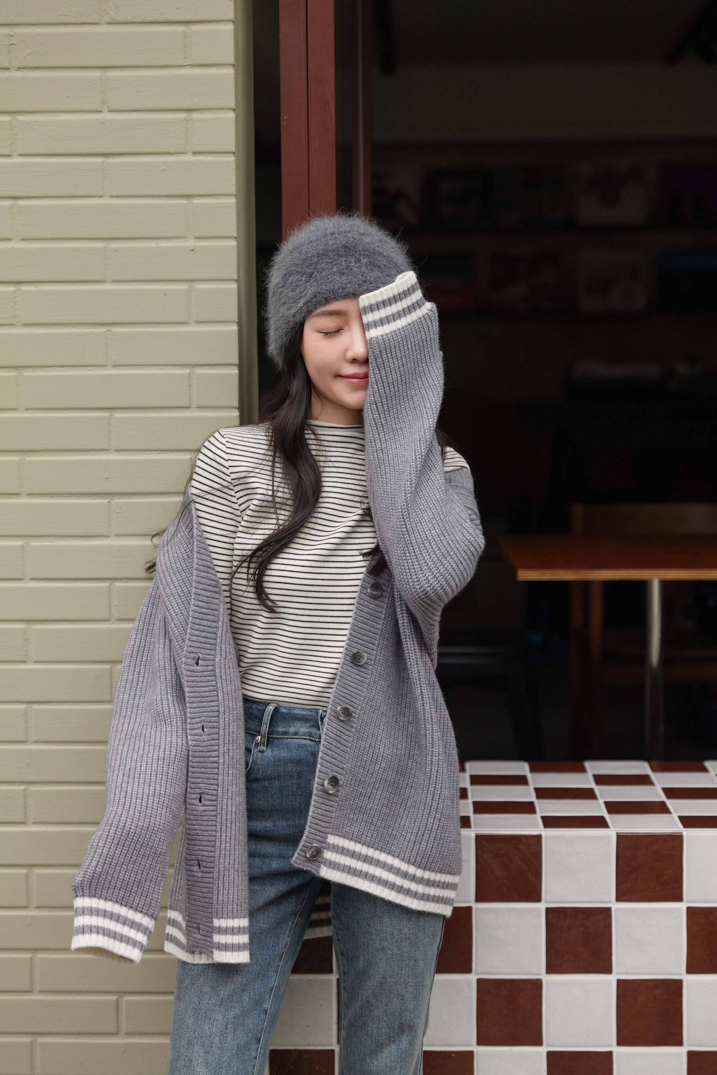 Gmade/英倫拼條V領粗針織開襟外套-灰