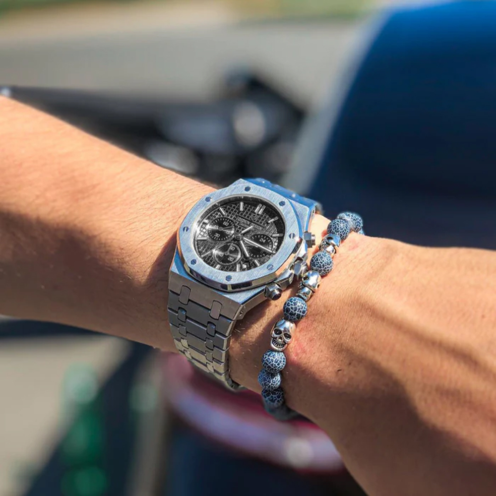 【DIDUN 迪頓】皇家橡樹系列 DDN-005 八角造型 銀色 真三眼 鋼帶錶 日期顯示 夜光指針 石英 手錶