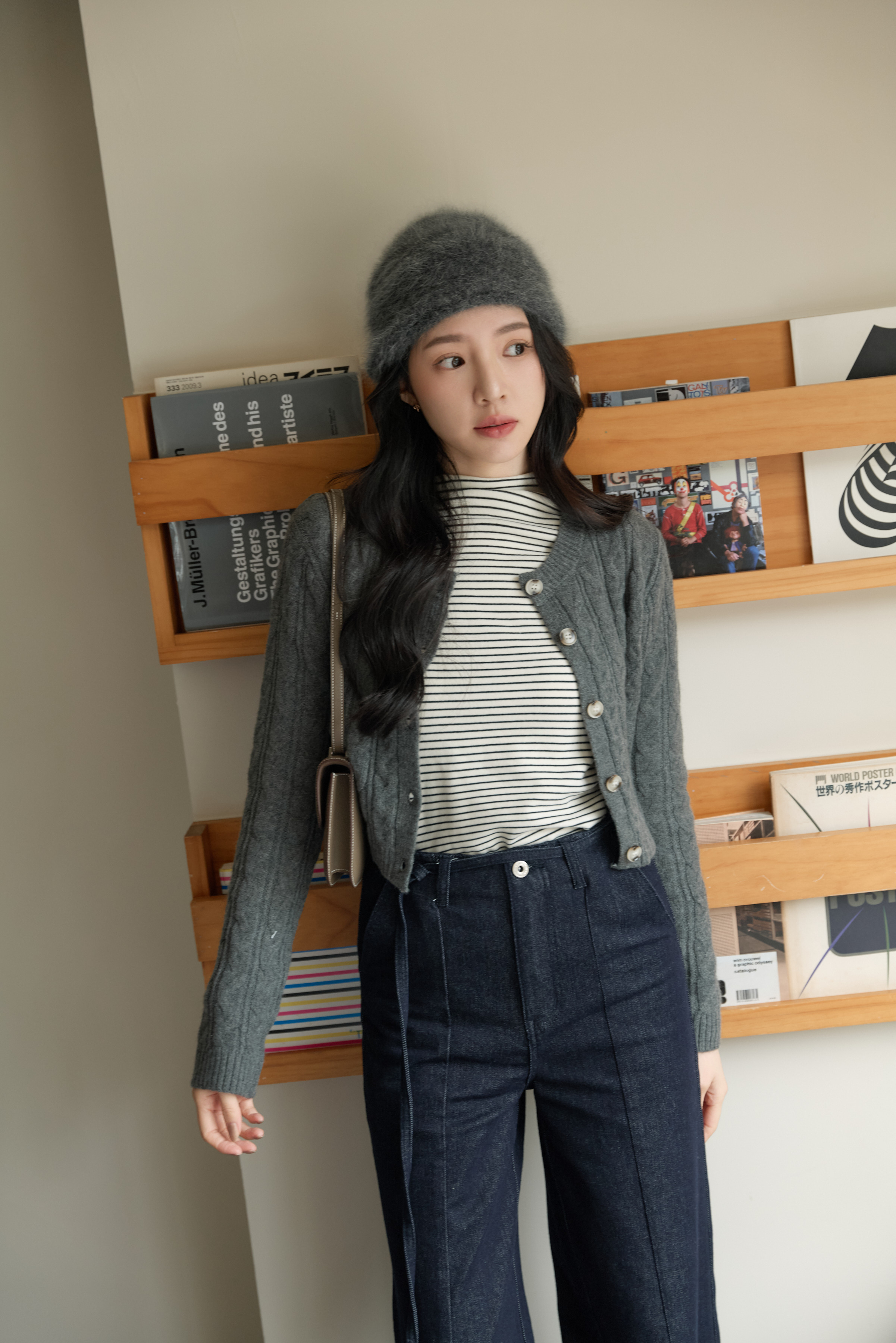 Gmade/麻花捲羊毛排釦針織小外套-灰