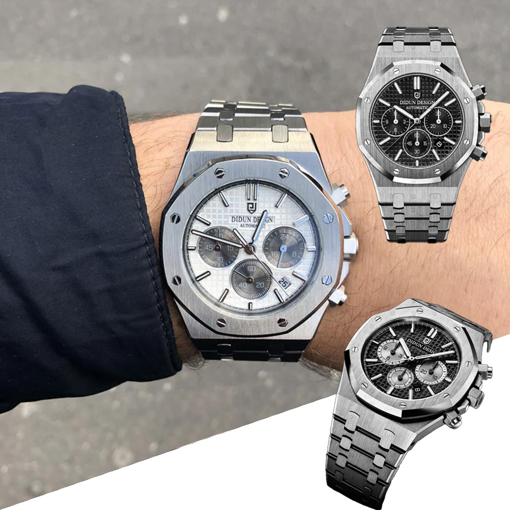 【DIDUN 迪頓】皇家橡樹系列 DDN-005 八角造型 銀色 真三眼 鋼帶錶 日期顯示 夜光指針 石英 手錶