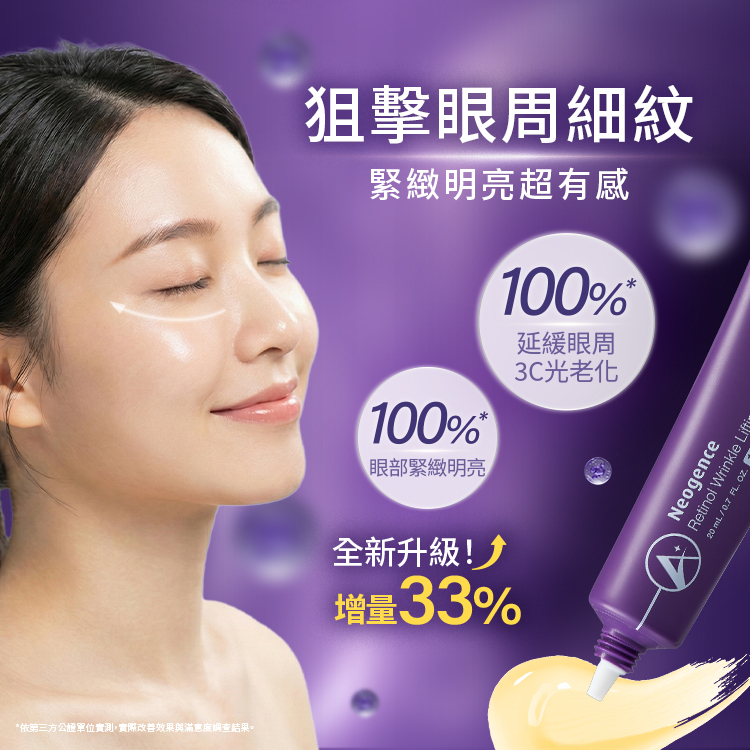 狙擊眼周細紋，緊緻明亮超有感，100%延緩眼周3C光老化、100%眼部緊緻明亮，全新升級!增量33%