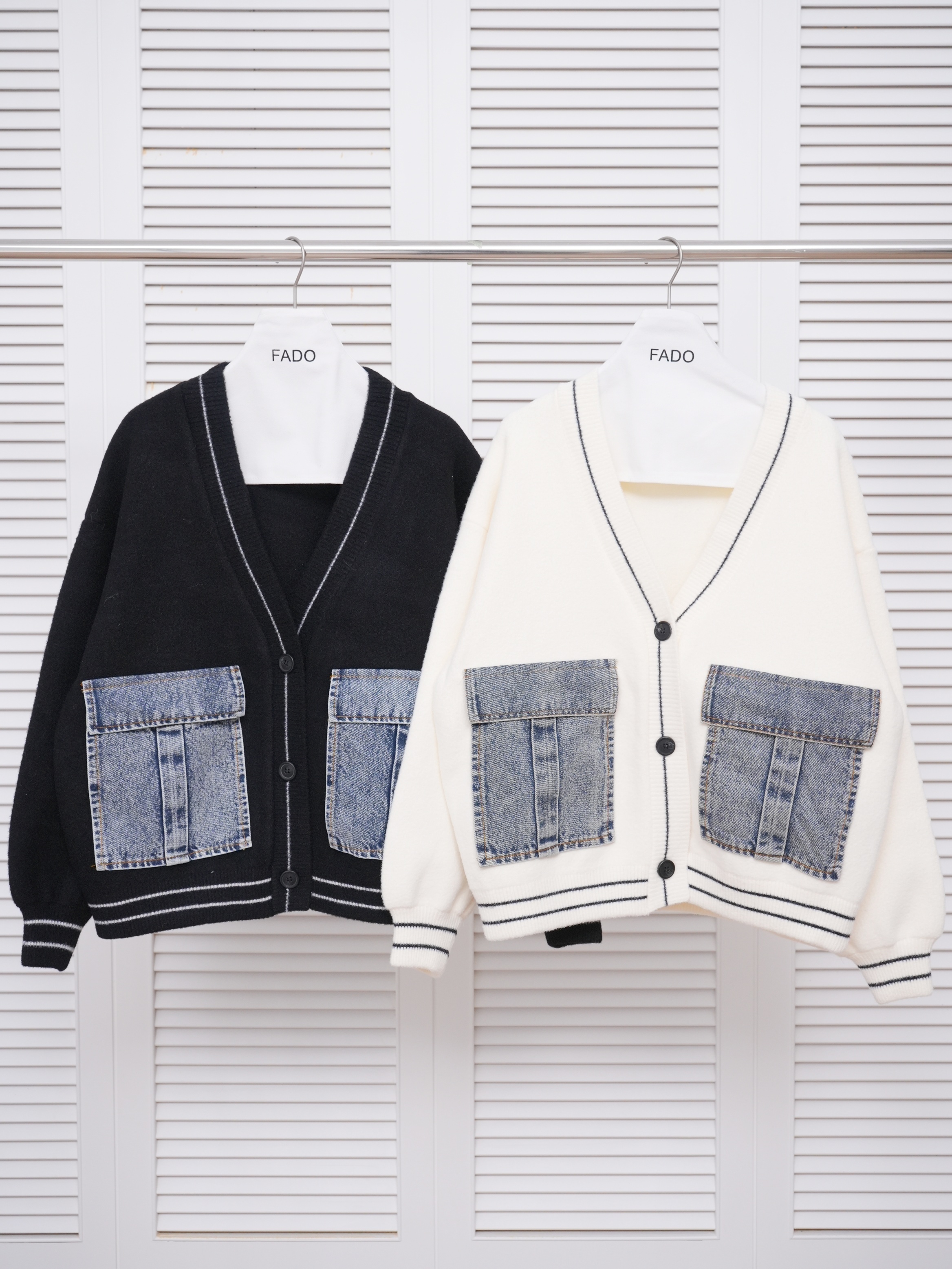 法朵Fado shop｜拼接牛仔厚絨外套 8924025 黑/白