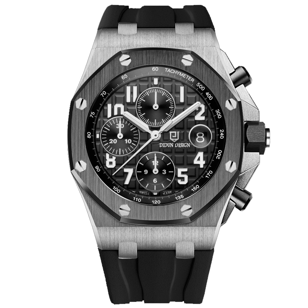 【Didun迪頓】 DDN-007 八角形 真三眼 日期顯示 夜光 石英 矽膠錶帶 手錶