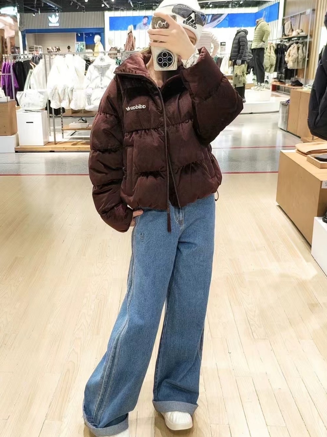 ADIDAS ORIGINALS PREIUM ESSENTIALS 刺繡高腰闊腿牛仔褲