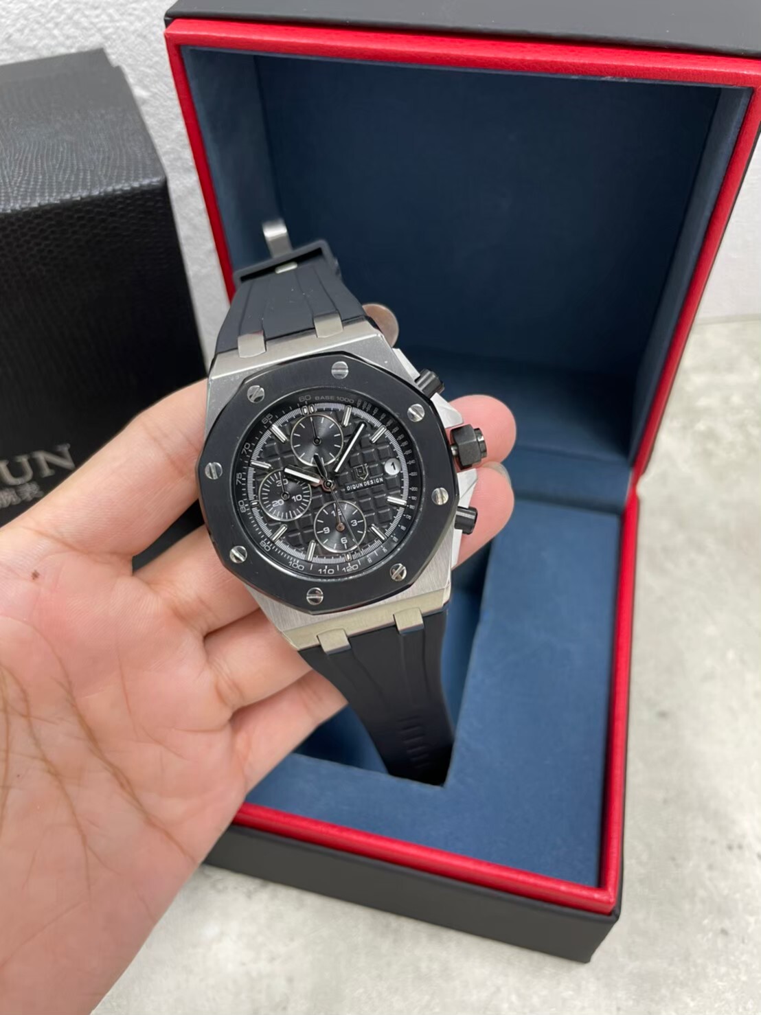 【Didun迪頓】 DDN-007 八角形 真三眼 日期顯示 夜光 石英 矽膠錶帶 手錶