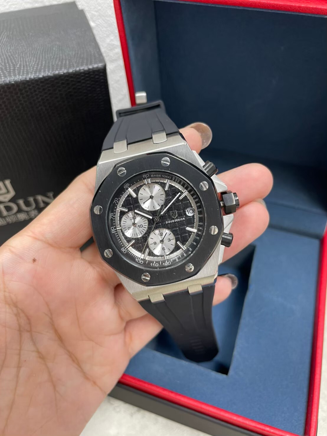 【Didun迪頓】 DDN-008 八角形 真三眼 日期顯示 夜光 石英 矽膠錶帶 手錶