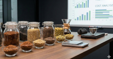 此圖展示了多樣化的草本與穀物原料,如南非國寶茶、蕎麥與大麥,並搭配背景的商業圖表。它直觀地傳達了這些原料的「高毛利」與「成本穩定」優勢,強調其作為營業用原料的商業價值。