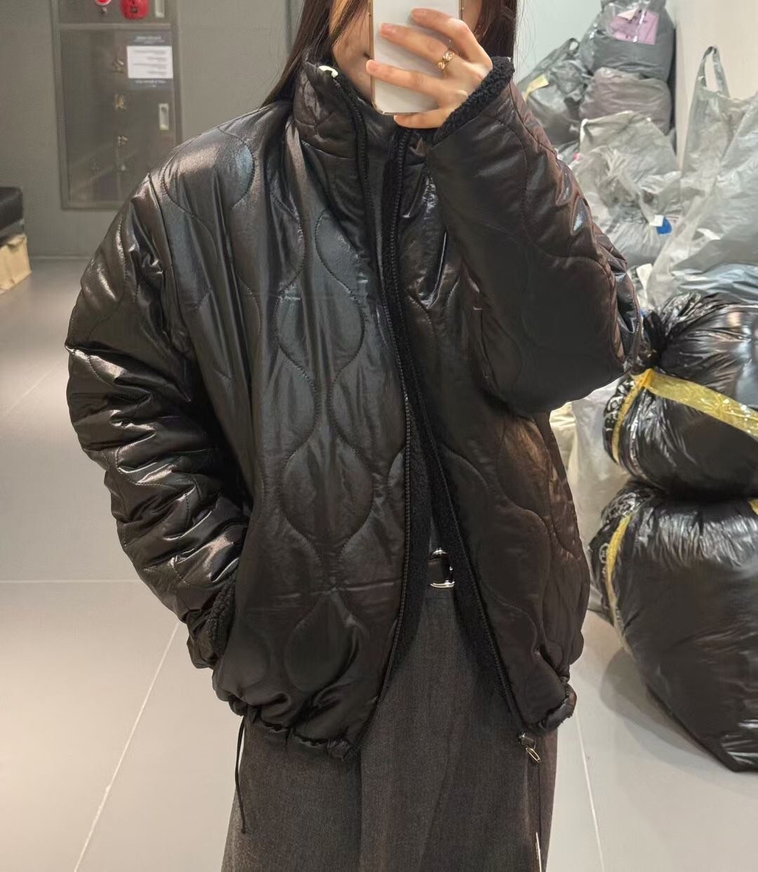 雙面穿QQ毛配色蝴蝶結鋪棉外套-F