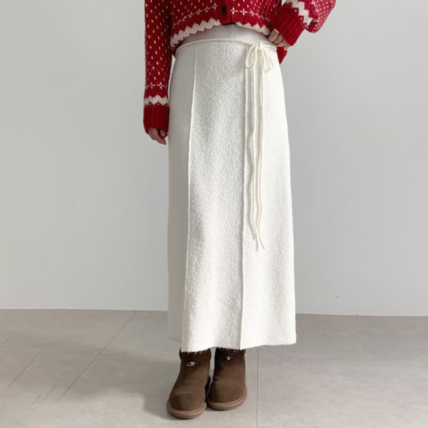 鬆緊腰雙車線附綁帶造型織紋感長裙-F / 2色