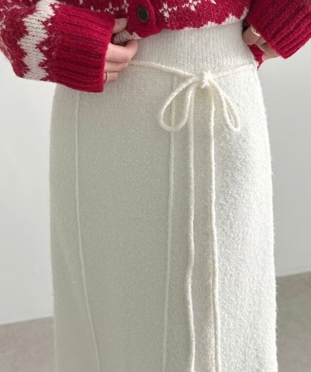 鬆緊腰雙車線附綁帶造型織紋感長裙-F / 2色