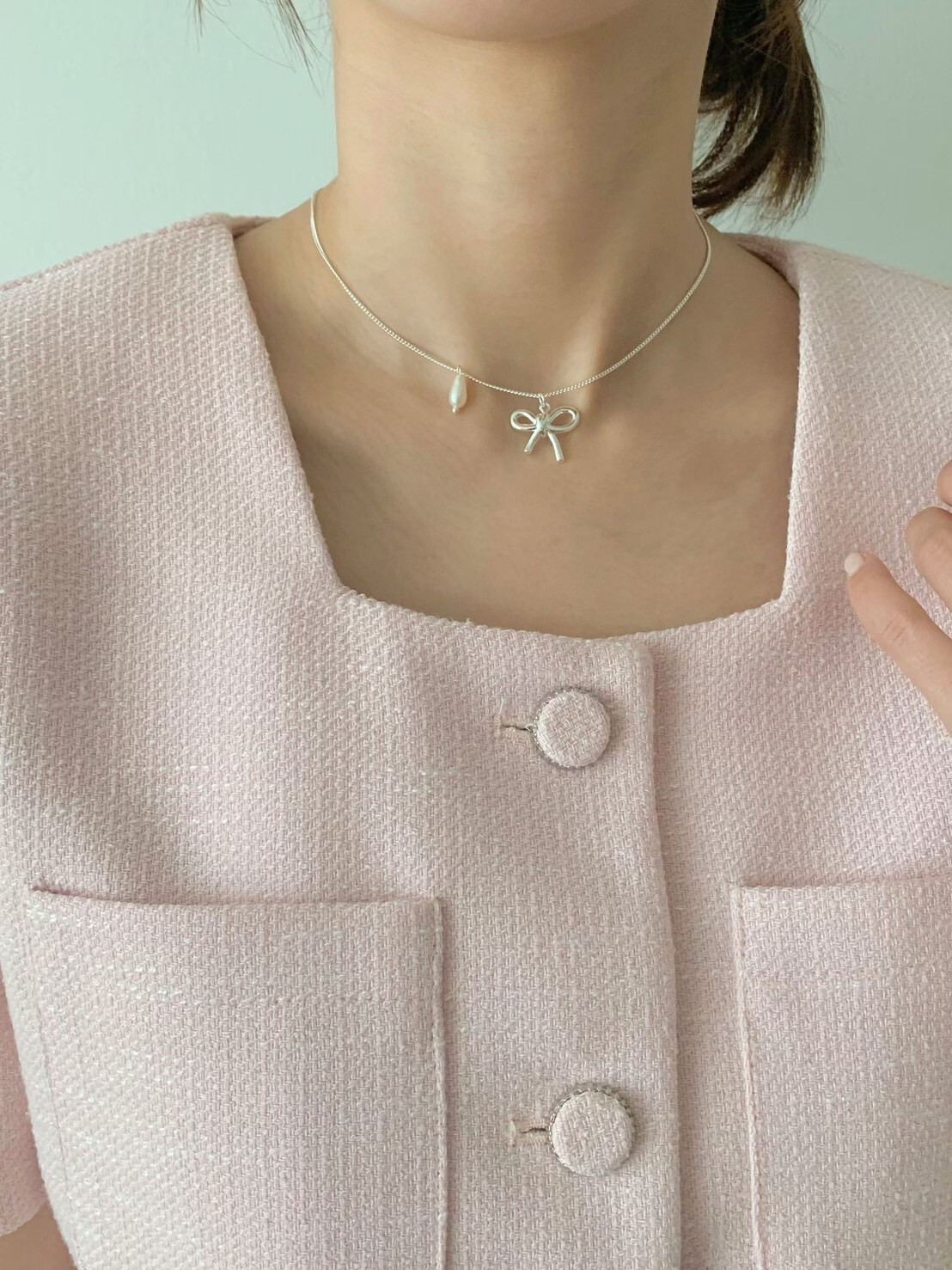 不對稱水滴珍珠蝴蝶結造型項鍊