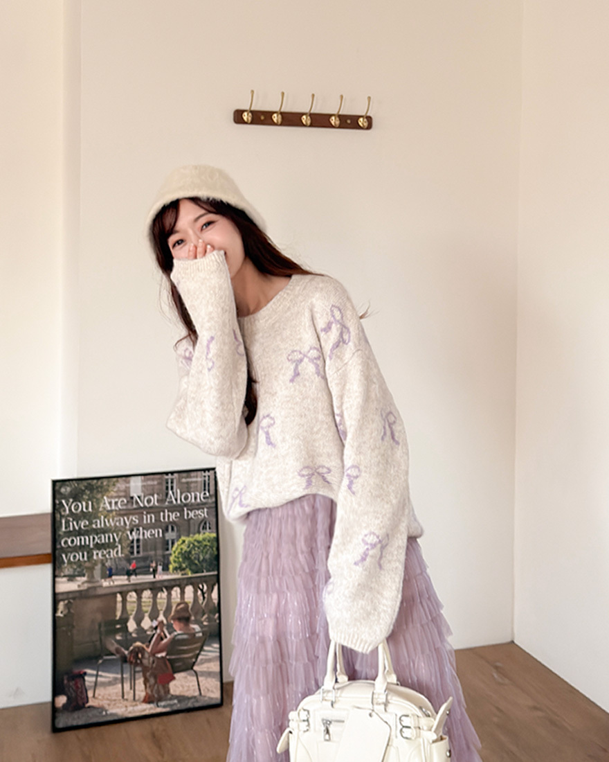 LINA LINA戀愛日章撞色蝴蝶結羅紋滾邊毛衣-淺灰杏
