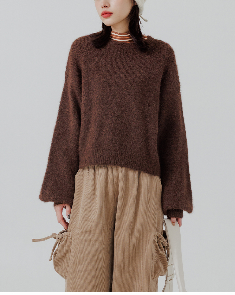 Fleece-feel puff sleeve short knit sweater, available in four colors【01071229】in stock+pre-order