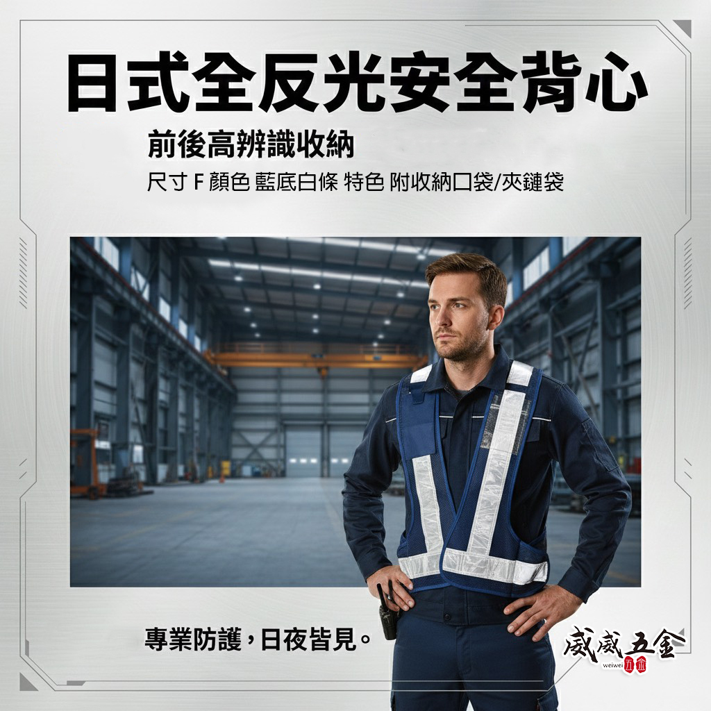 藍底白條｜前面附長口袋-日式反光背心-背面附有透明夾鏈袋｜透氣孔工作背心 工程施工背心 工安 工地背心｜新款