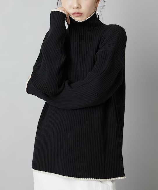 FREAK'S STORE 配色 ライン リブニット ハイネック プルオーバー黑色（1331248900095）