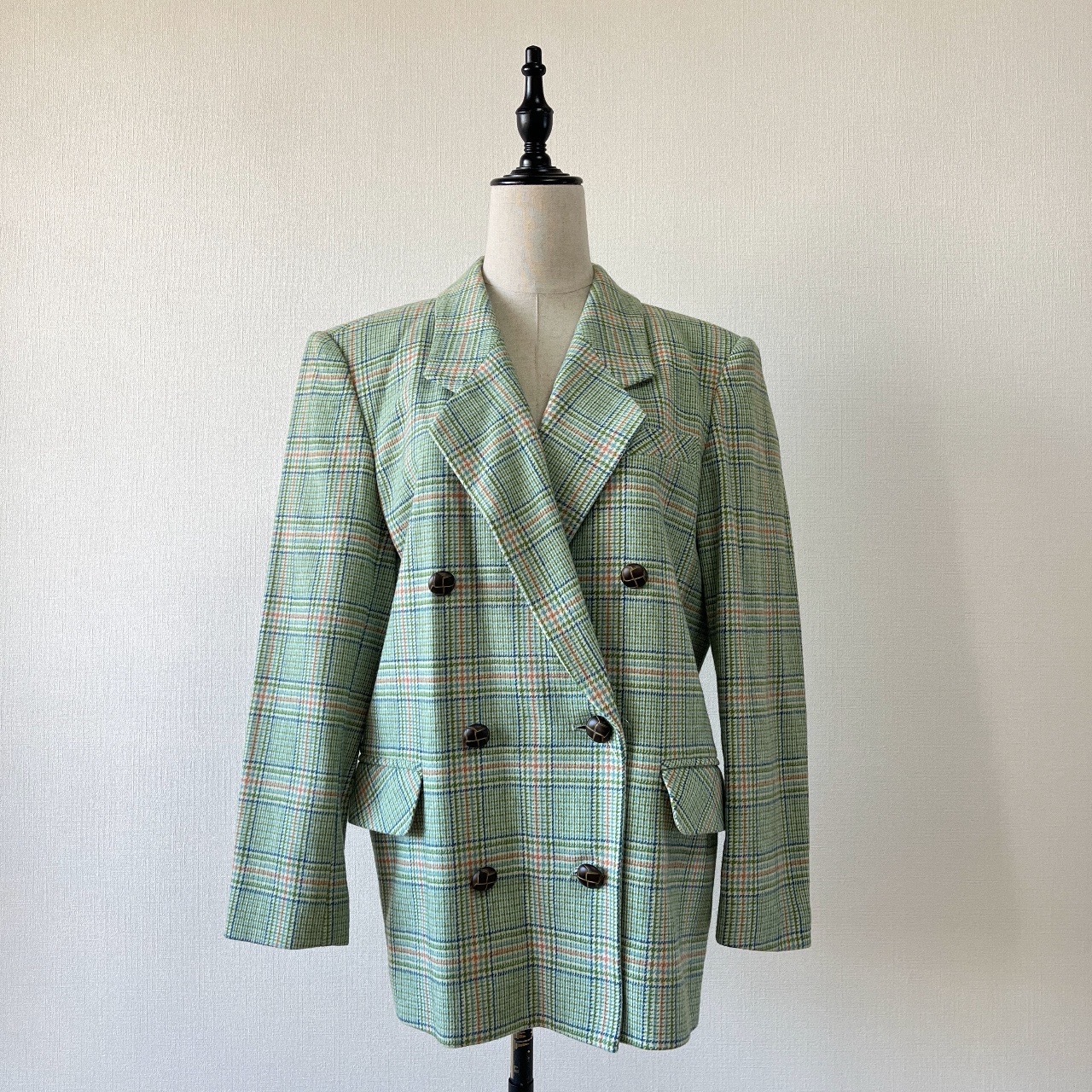 日本製綠色格紋孖襟羊毛外套