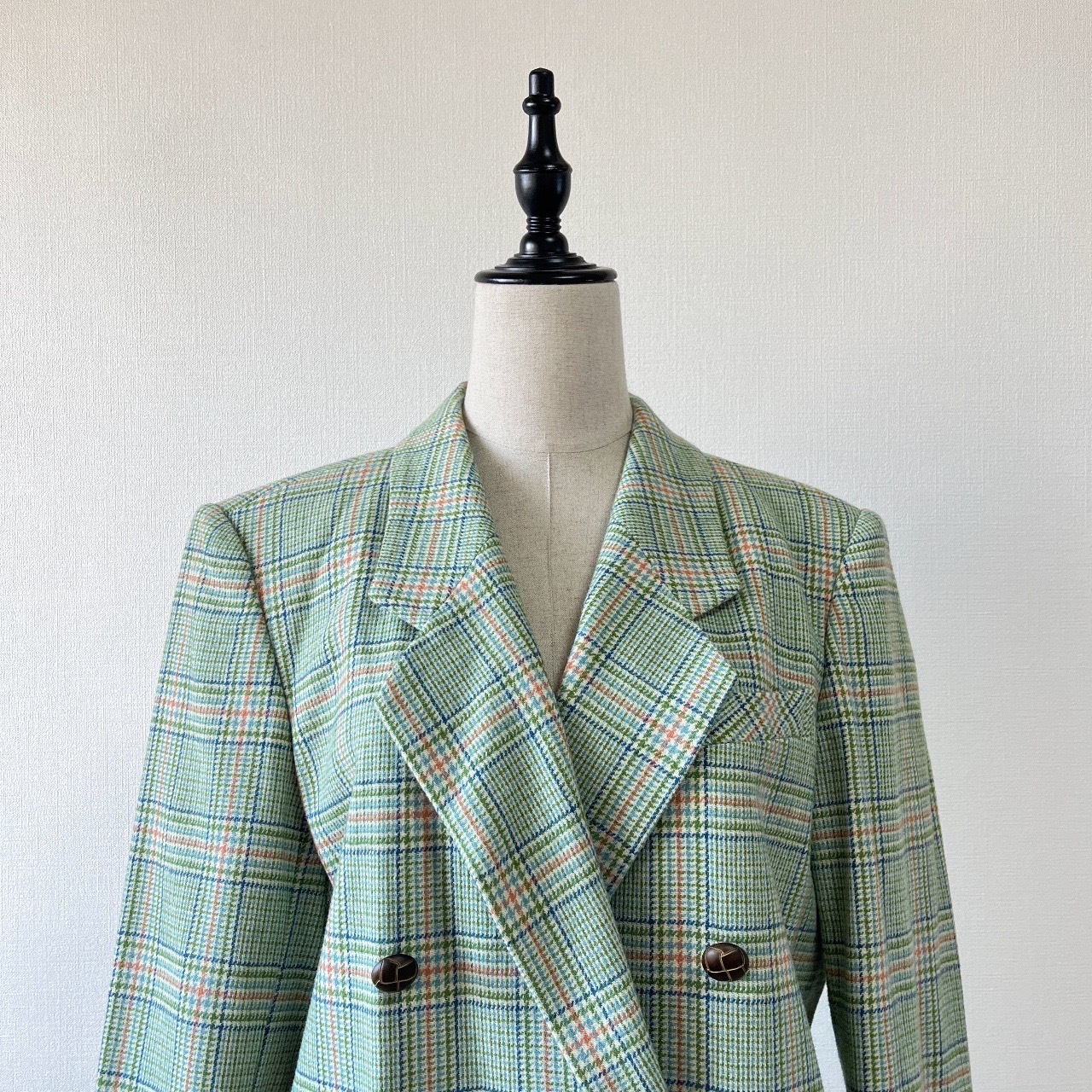 日本製綠色格紋孖襟羊毛外套
