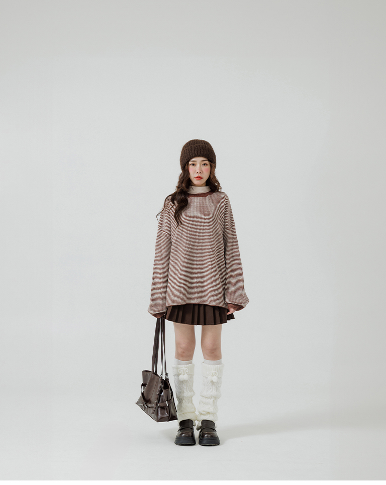 Color-blocked checkered crew neck oversized knit sweater, available in three colors【01099294】in stock+pre-order