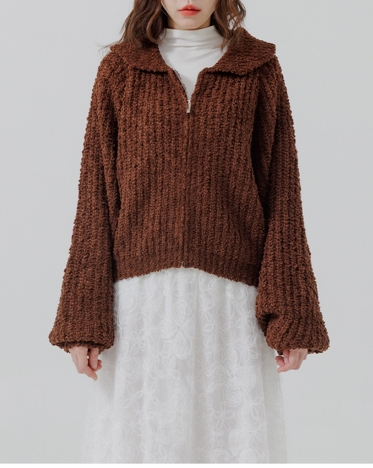 Textured puff sleeve soft cotton pom-pom knit cardigan, available in three colors【02071663】in stock+pre-order