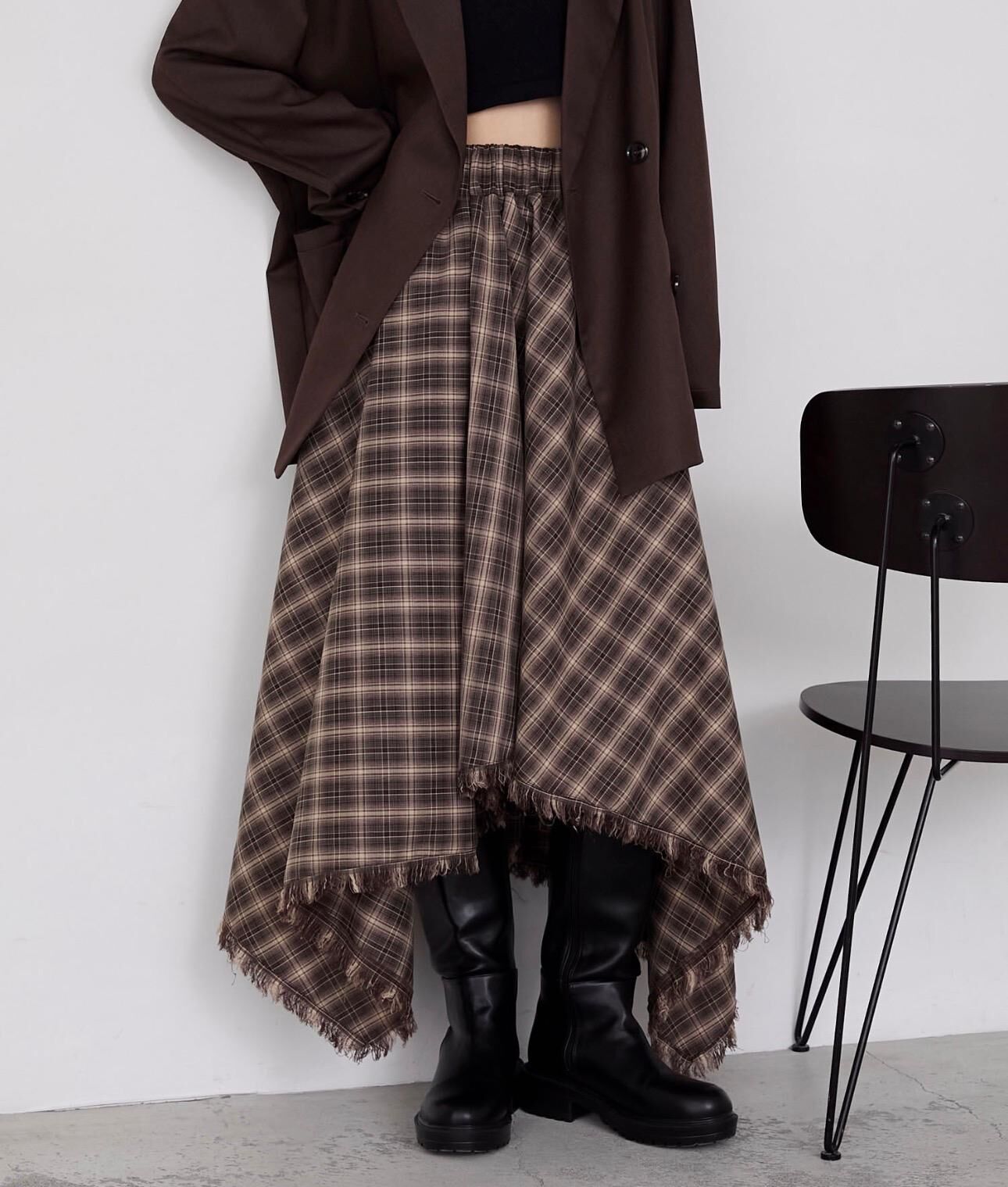 【預購】JN011308 forksy. 不對稱斜紋格紋流蘇裙