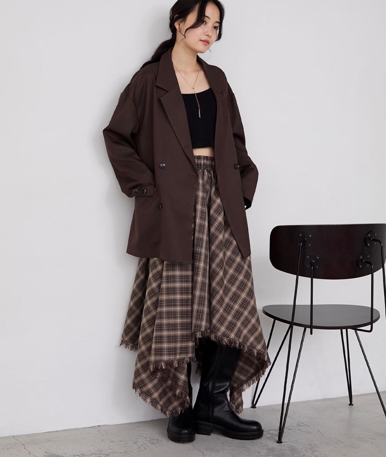 【預購】JN011308 forksy. 不對稱斜紋格紋流蘇裙