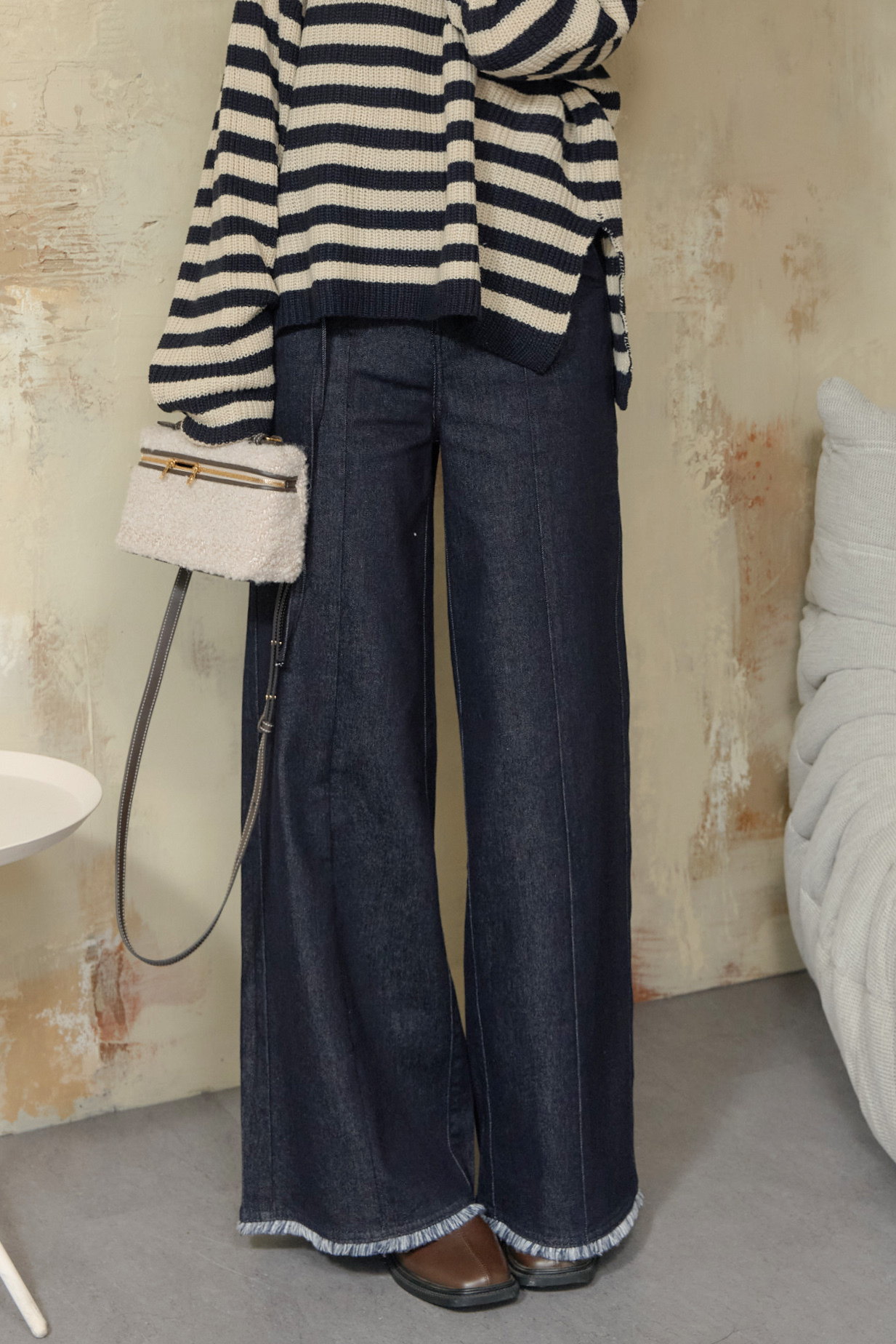 Gmade/極高腰流蘇滾邊顯瘦A字牛仔寬褲（附綁帶）-原色藍