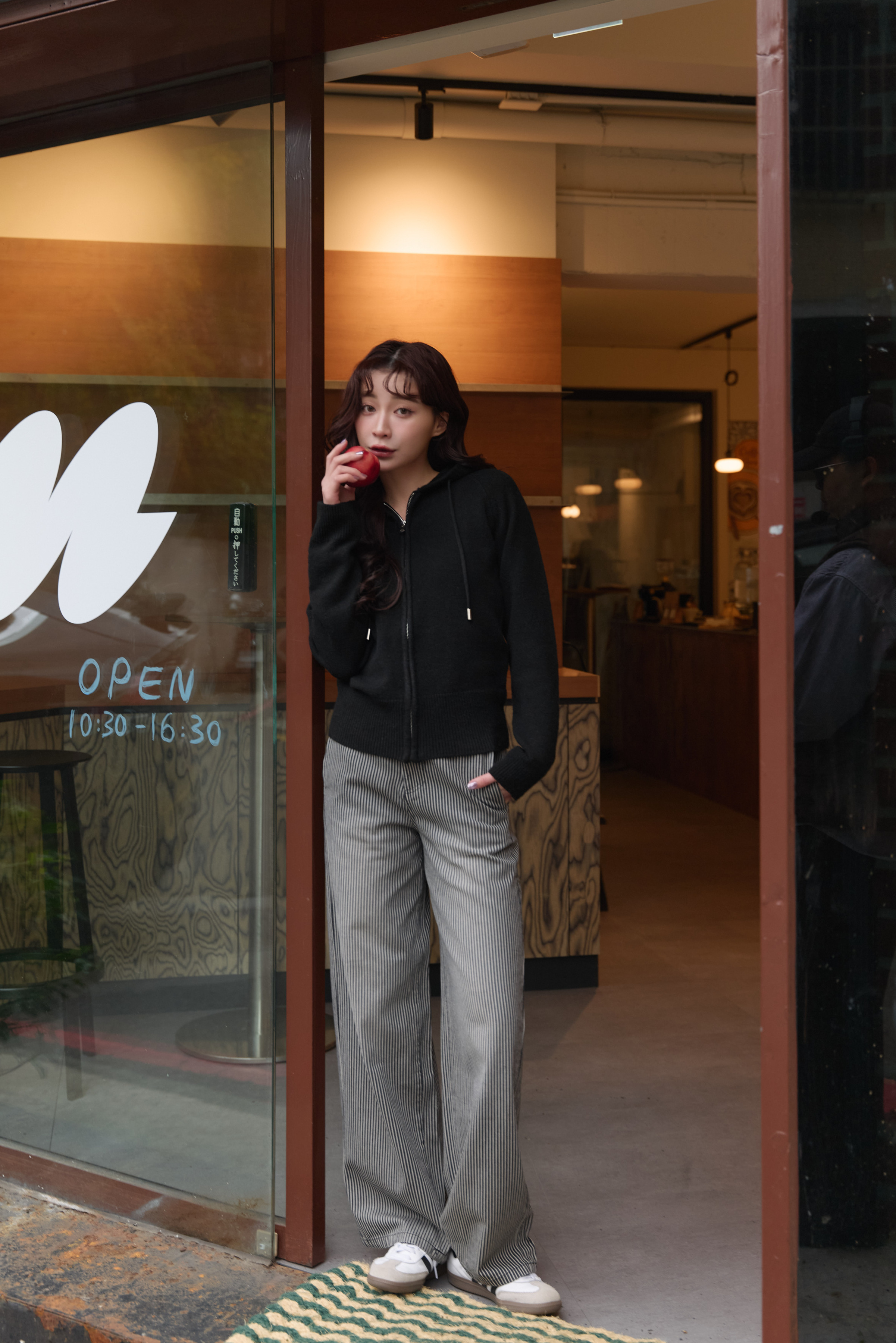 Gmade/薄料條紋長腿寬直筒氣球褲