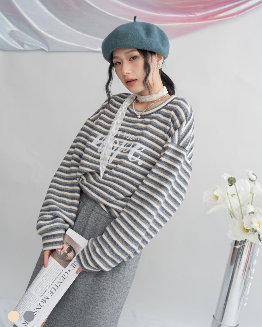 復古條文字母磨毛上衣