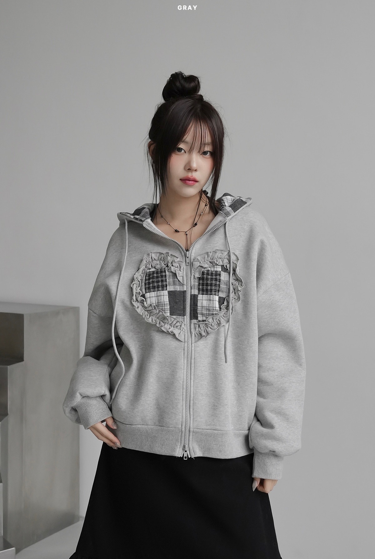 【優惠價預訂】韓國心型格紋拼接連帽外套（2色）