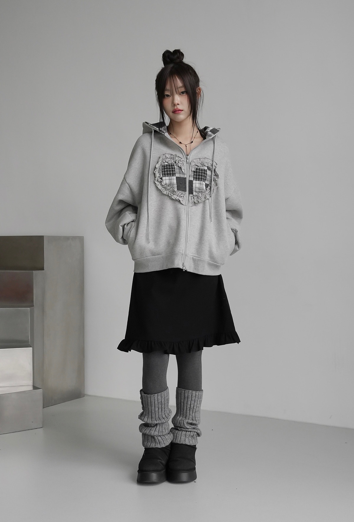 【優惠價預訂】韓國心型格紋拼接連帽外套（2色）