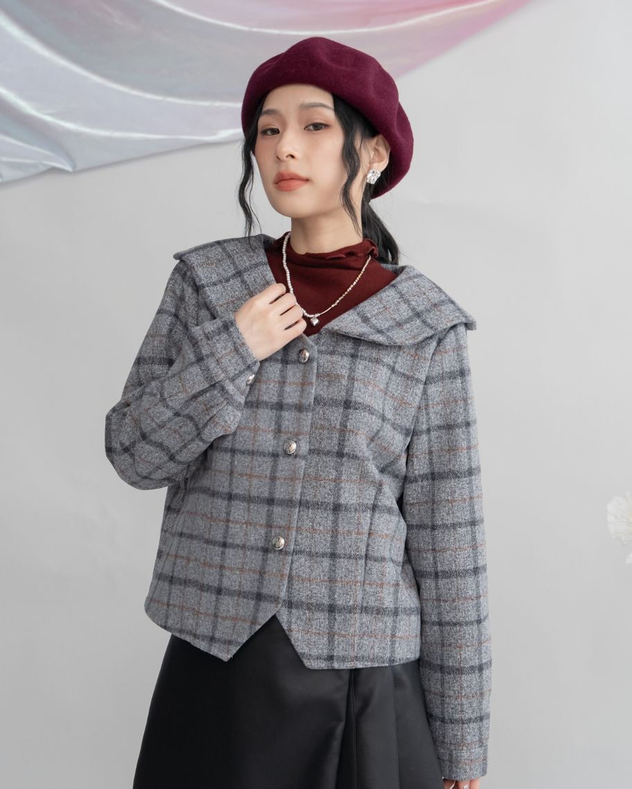 日系翻領格紋短外套