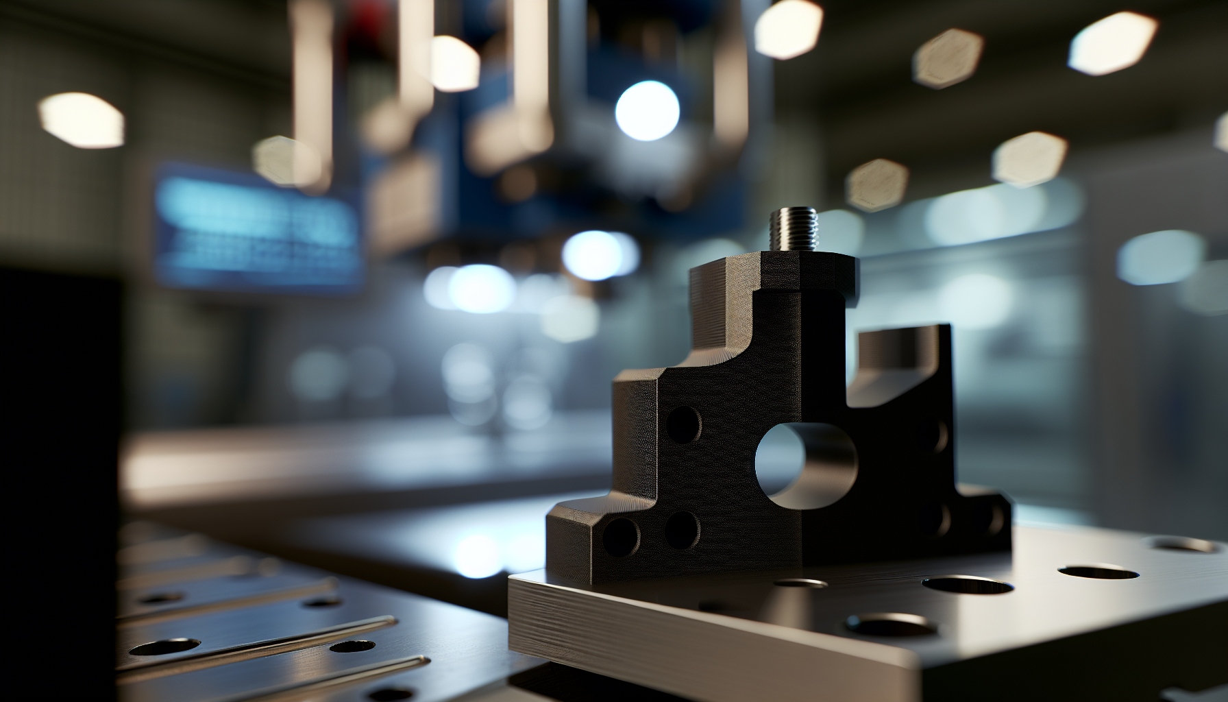 一個黑色的 QTS Nylon PA6 3D列印夾具,正穩固地夾持著一個金屬工件,背景是工業產線。