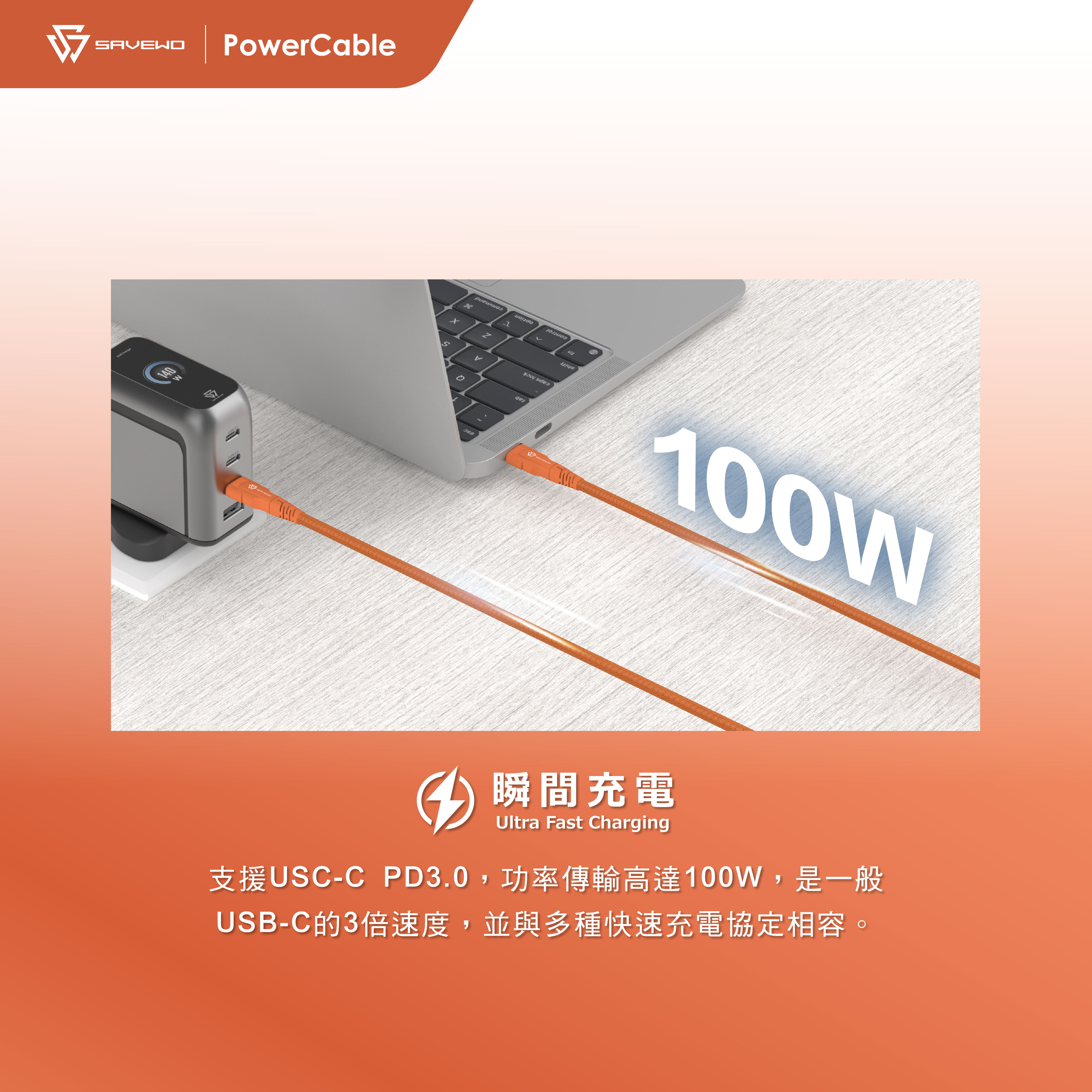 *1.2M* SAVEWO POWER CABLE ECO 100W PD3.0 USB-C