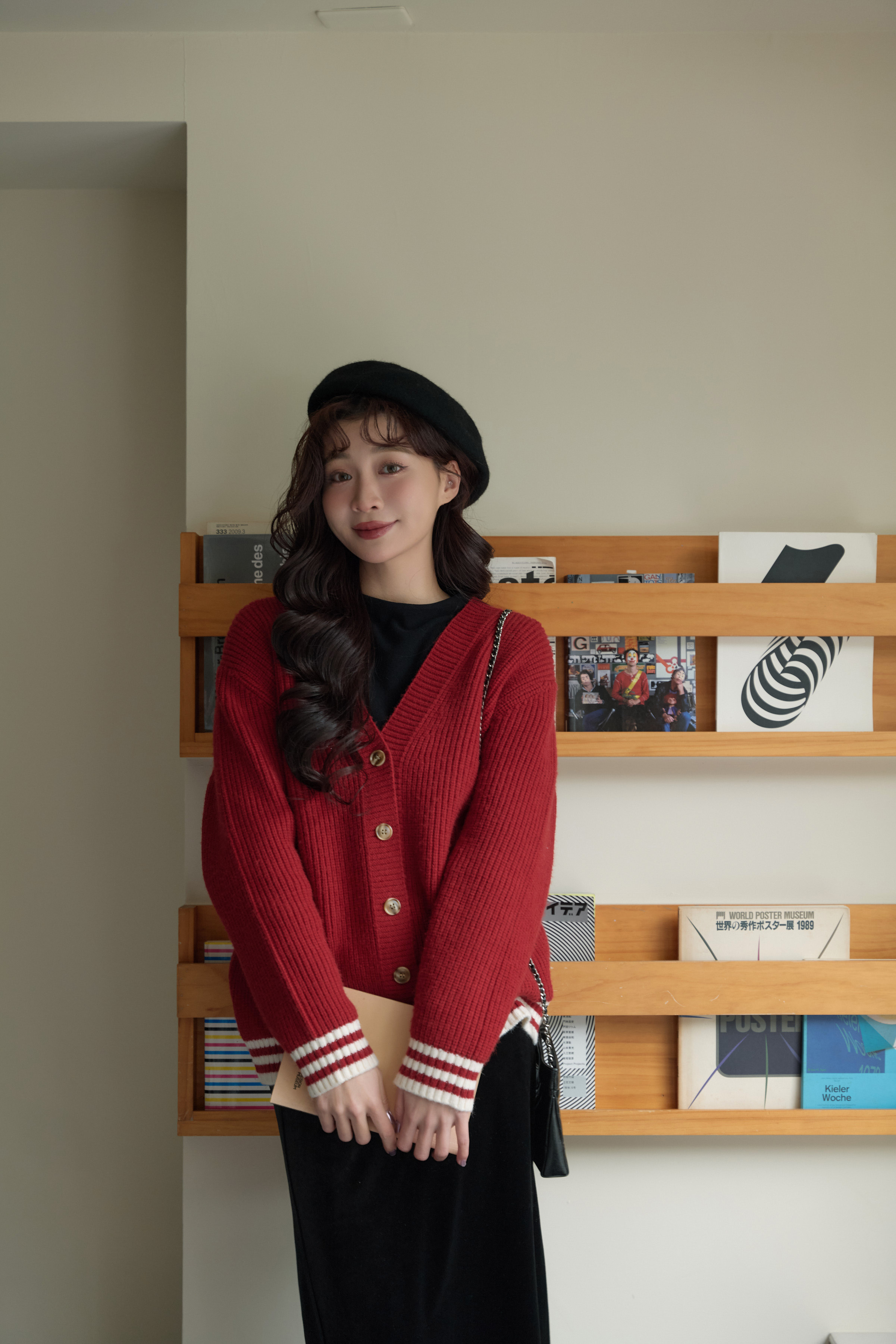 Gmade/英倫拼條V領粗針織開襟外套-紅