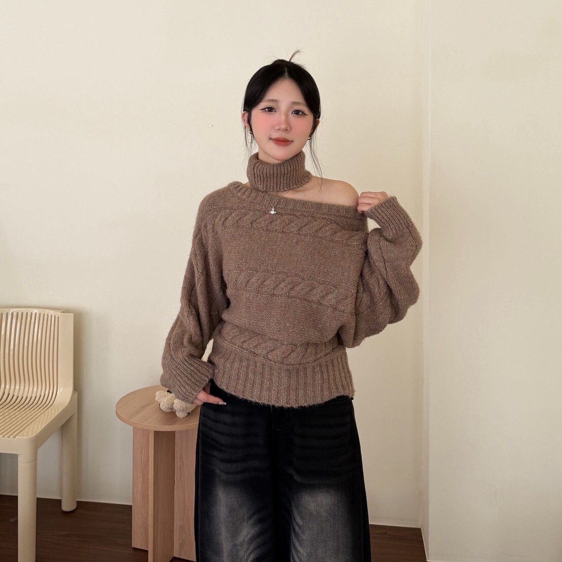 奧菈的秘密花園💐麻花寬圓領中版毛衣(附圍脖)