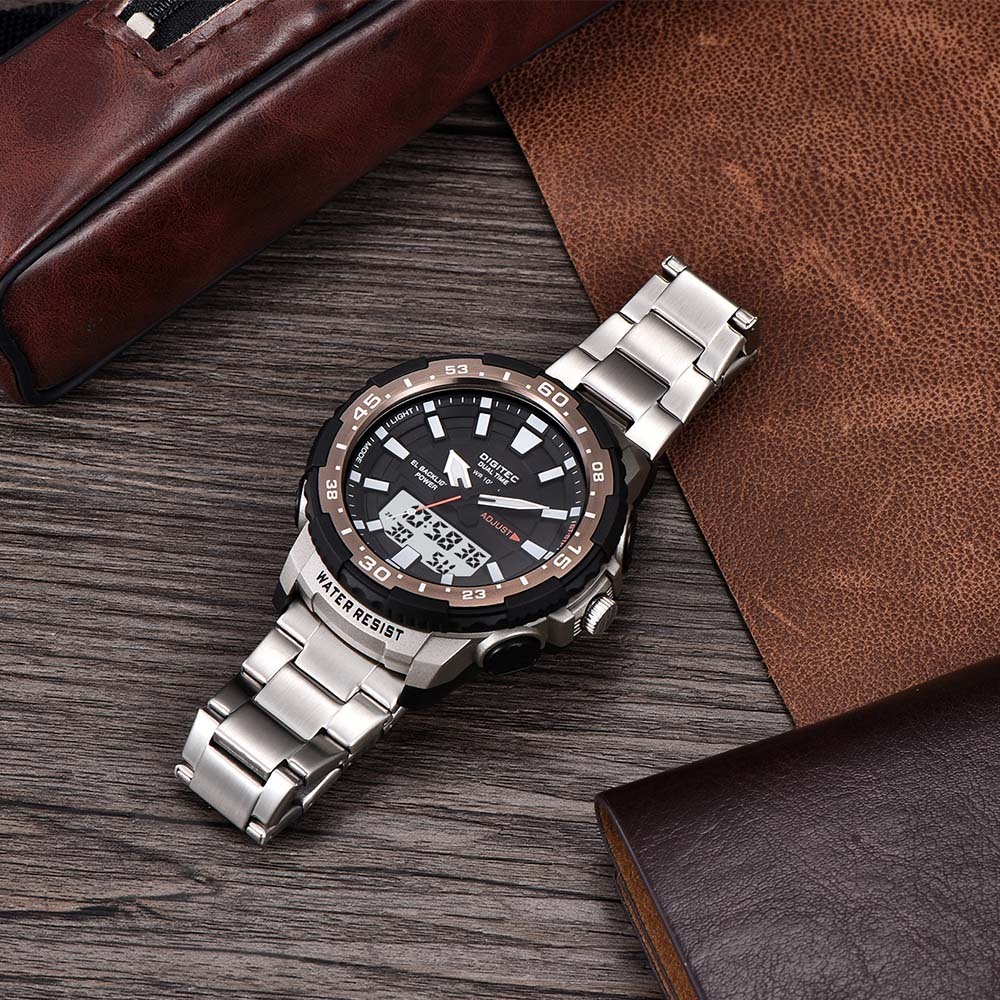 【DIGITEC 數碼科技】DA-2181R 都市男性 運動 游泳 兩地時間多功能雙顯 不鏽鋼 電子錶 手錶