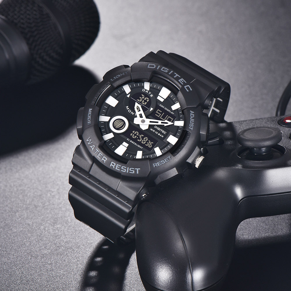 【DIGITEC 數碼科技】DA-2185T 都市男性 商務休閒輕便款 條紋雙色遊戲感 矽膠雙顯電子錶 手錶