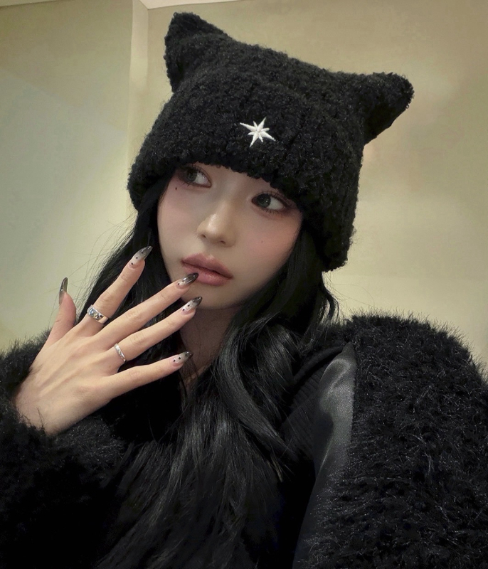 韓國 NOMBRE 羊毛刺繡貓耳毛帽 三色 白色 / 黑色 / 深藍