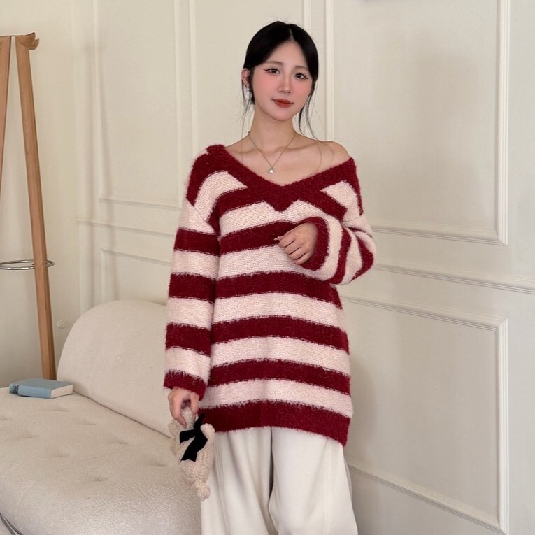 粉色悸動˖❅🕯️༘⋆𐙚QQ毛撞色條紋毛衣