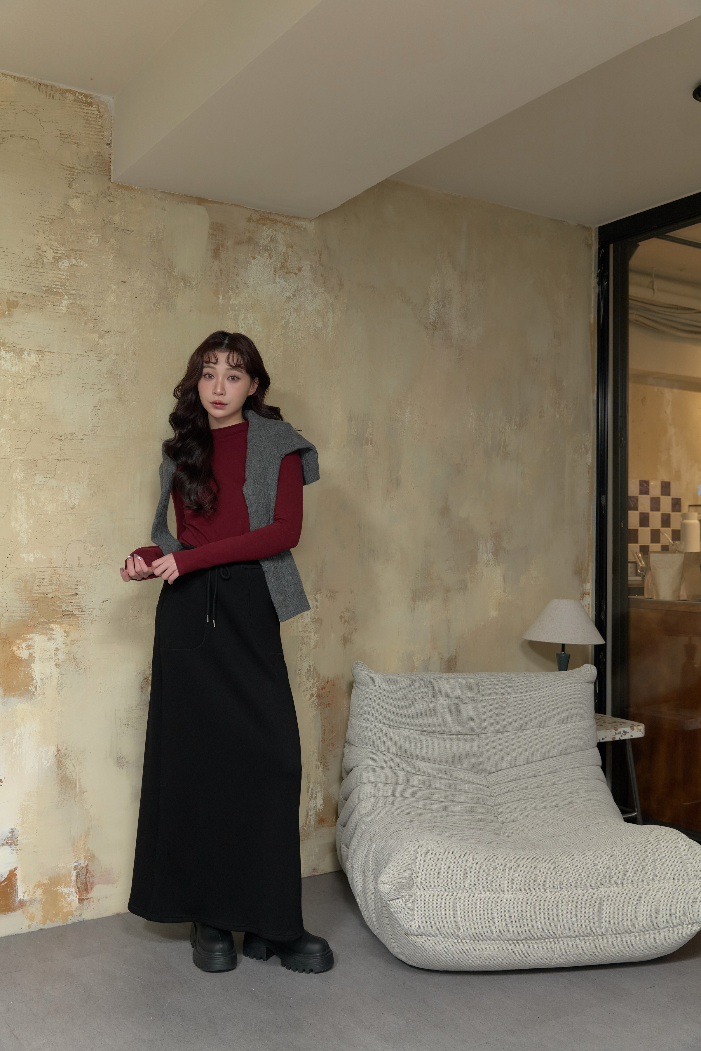 Gmade/不勒脖磨毛微高領親膚打底衣 - 純色款-酒紅