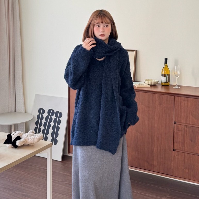 烤雪奶糰⛄️V領素面寬鬆毛衣(附圍巾)