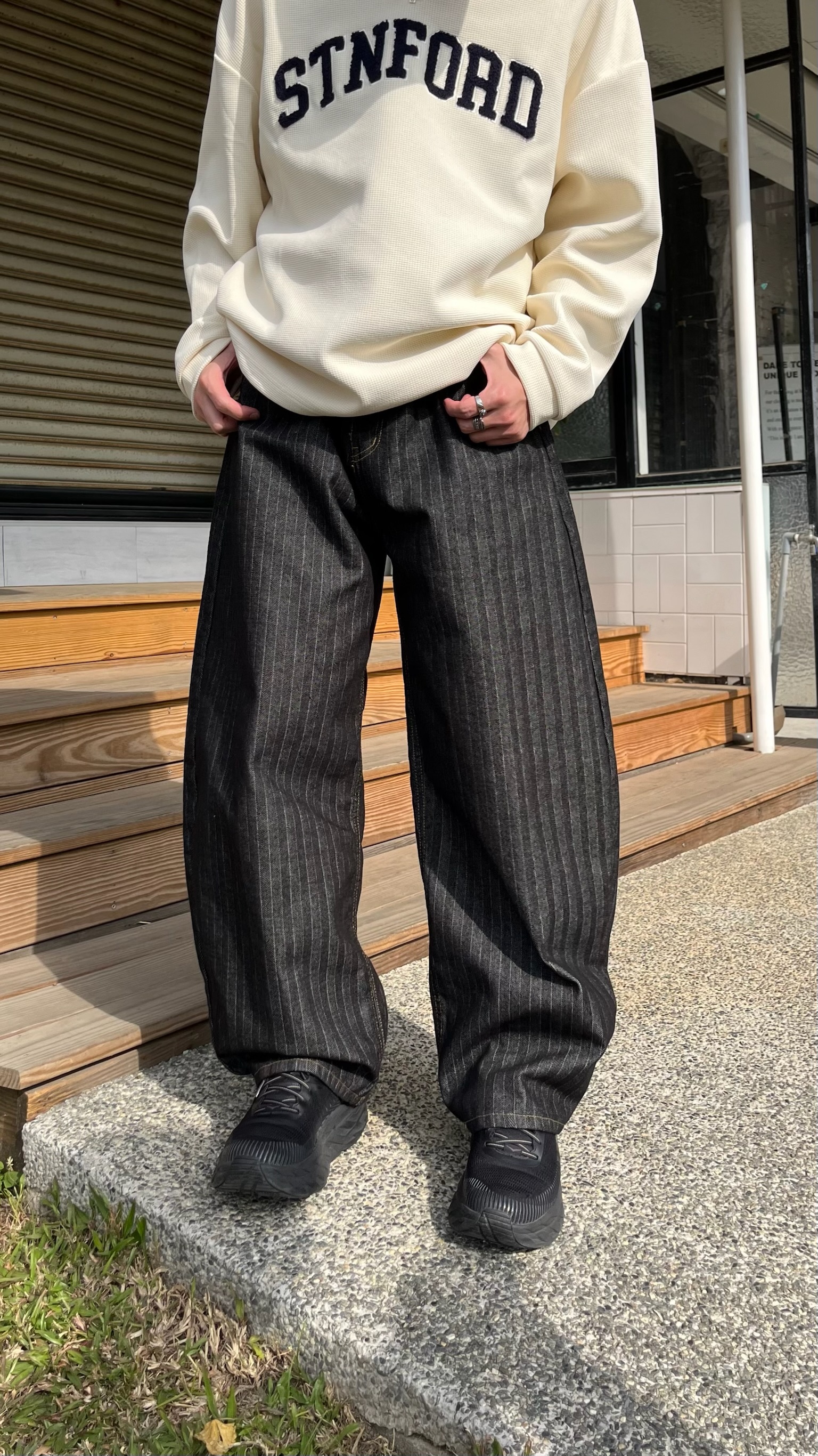 正韓 條紋牛仔彎刀寬褲