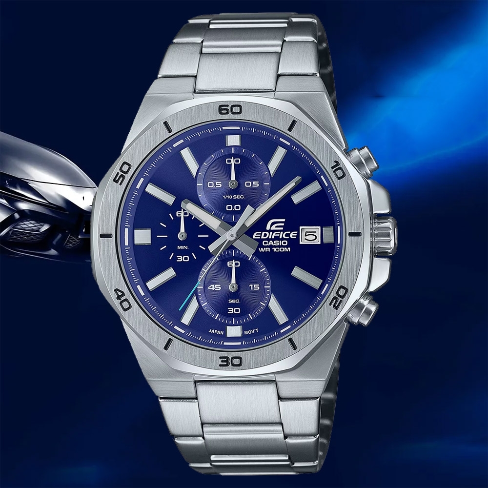 【CASIO 卡西歐】EDIFICE 八角運動計時鋼帶手錶 EFV-640D-2A