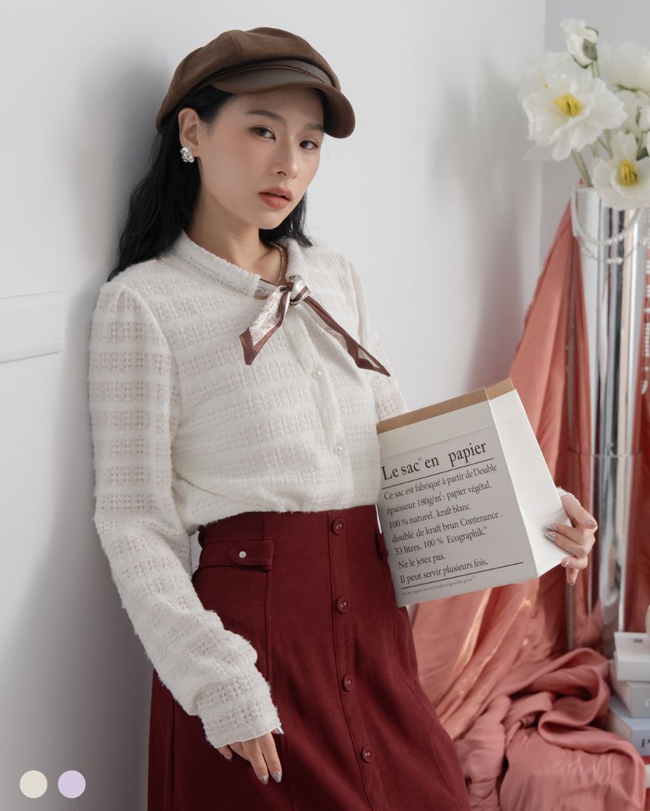 法式織紋綁巾領上衣