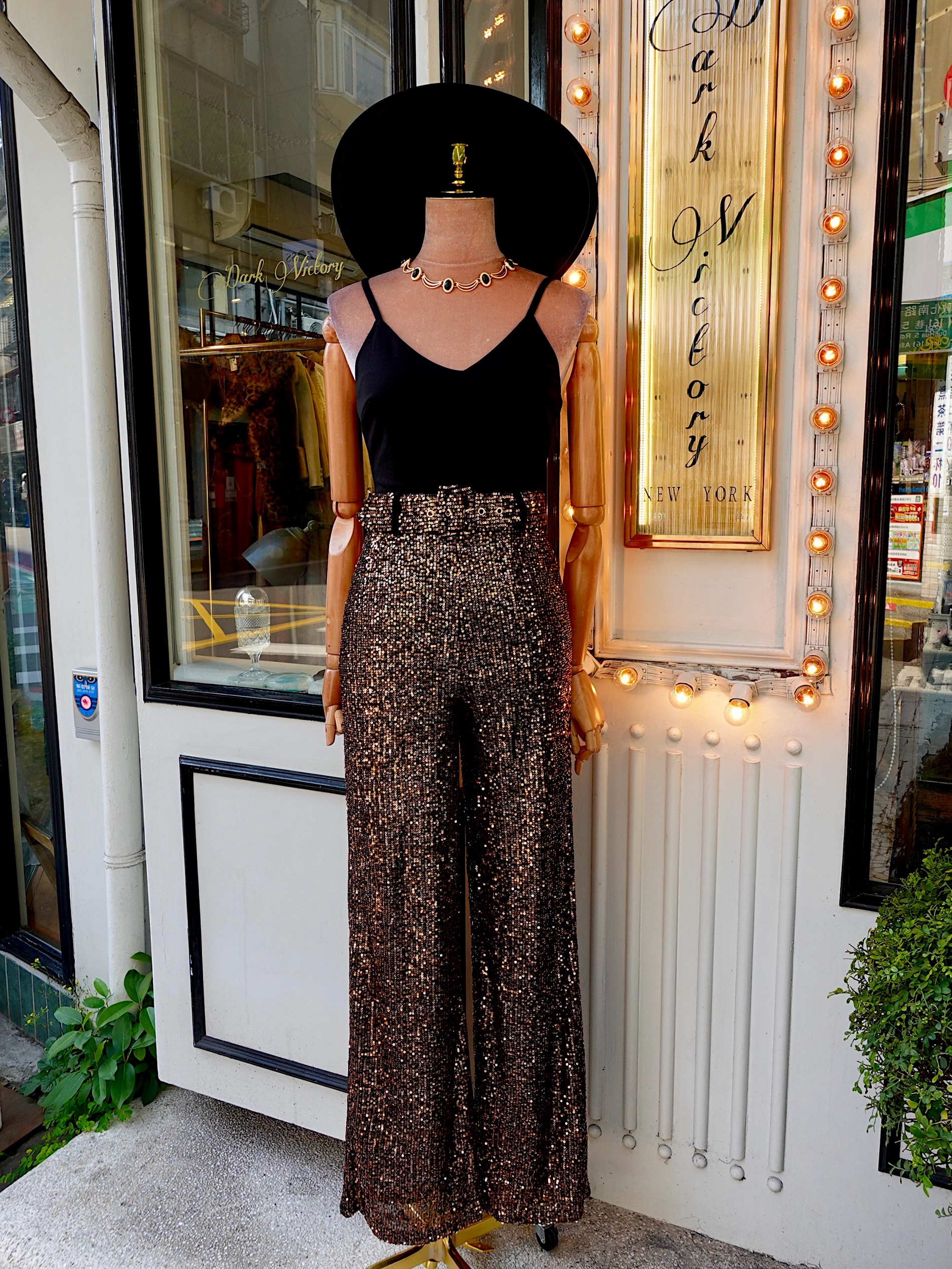 Bronze復古金色深v領亮片連身長寬褲Jumpsuit