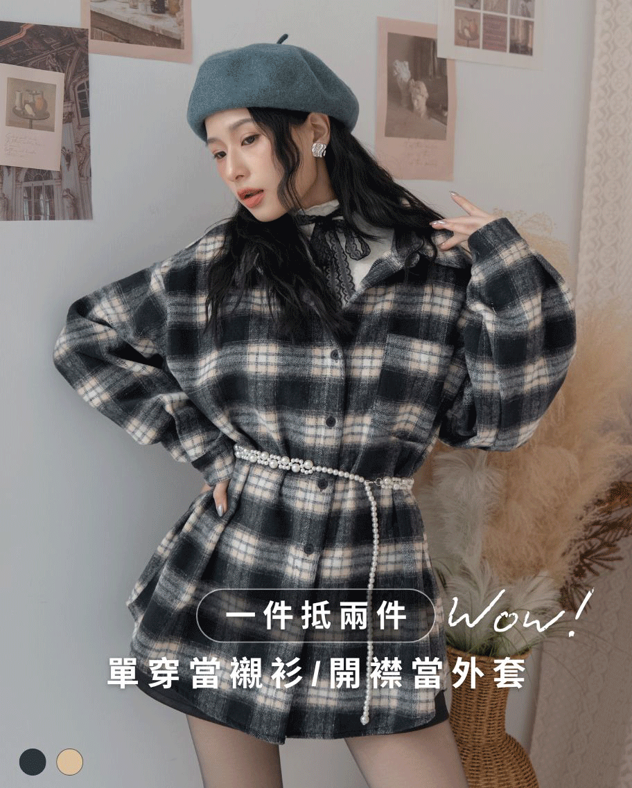 復古寬鬆格紋後抽繩襯衫