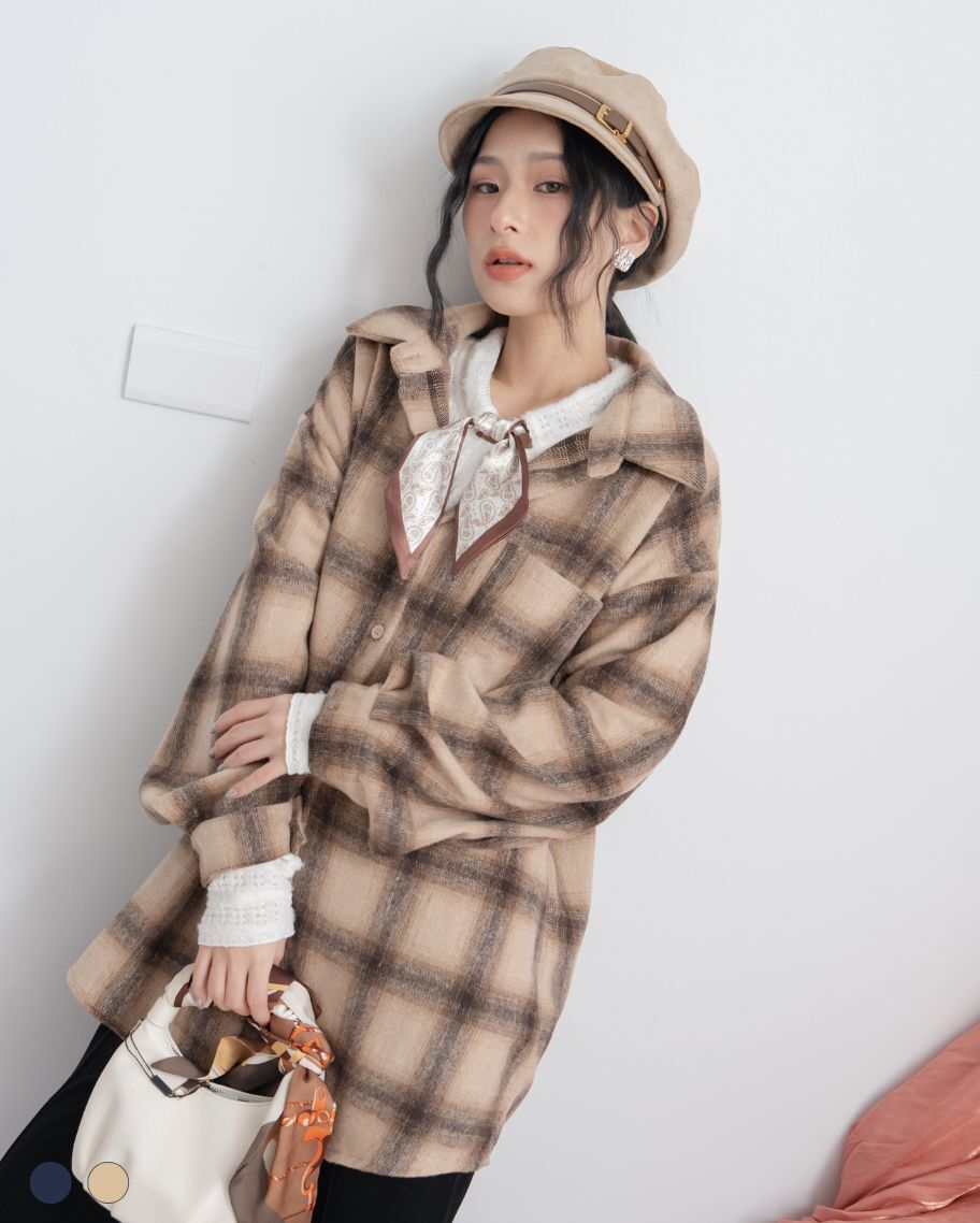 復古寬鬆格紋後抽繩襯衫