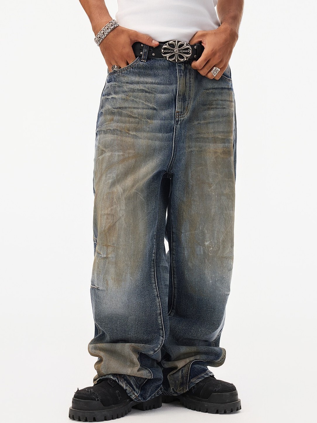 STK SmallTownKid 髒染 美式復古 水洗做舊  直筒牛仔長褲