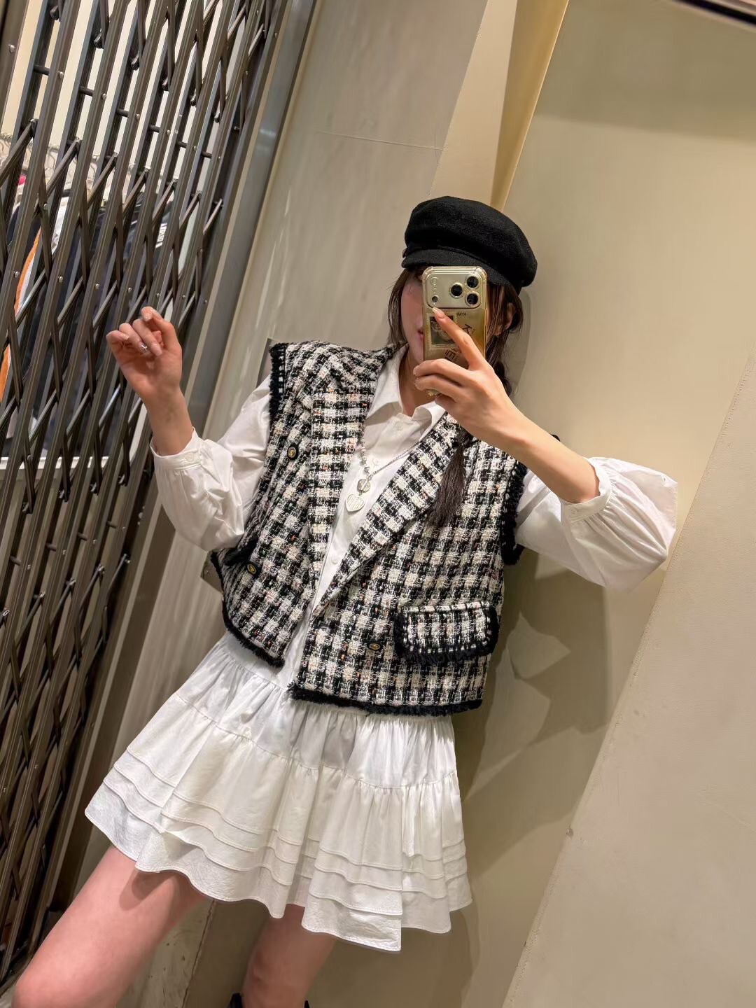 經典黑混色格紋編織蕾絲滾邊背心外套-F